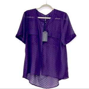 NWT W118 by Walter Baker Sheer Swiss Dot Plum Short Sleeve Fariin Top. Size L